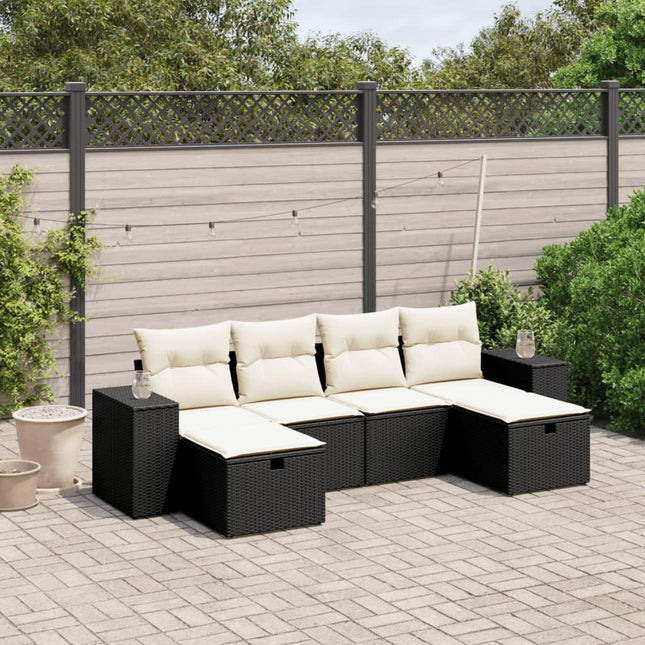 6-delige Loungeset met kussens poly rattan zwart