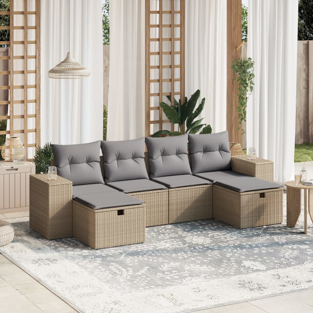 6-Delige Loungeset Met Kussens Poly Rattan Gemengd Beige