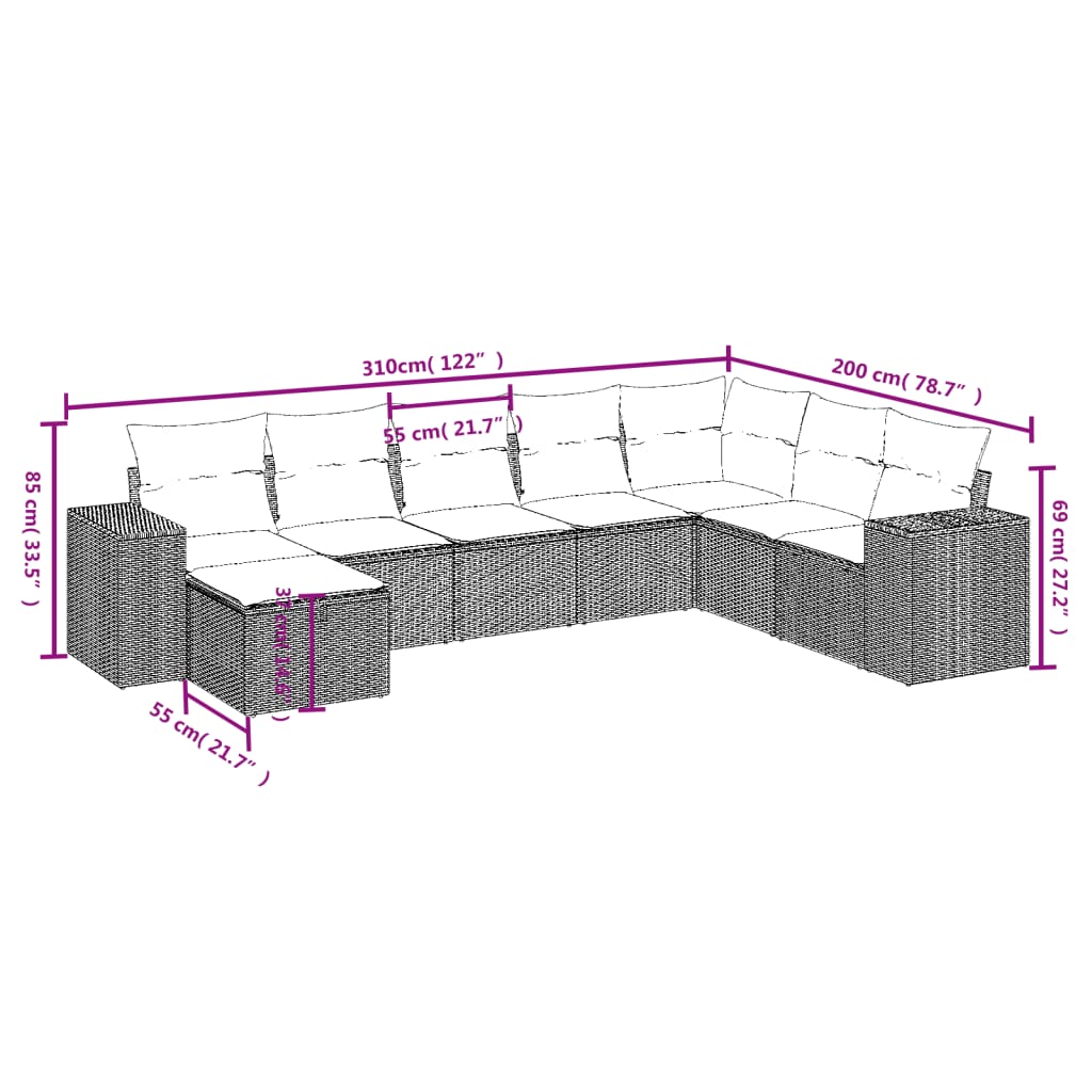 8-delige Loungeset met kussens poly rattan zwart