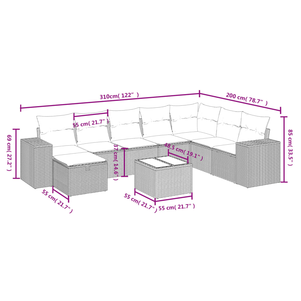 9-delige Loungeset met kussens poly rattan zwart