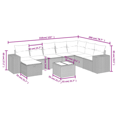 9-delige Loungeset met kussens poly rattan zwart