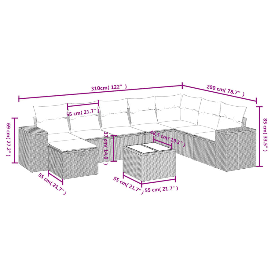 9-Delige Loungeset Met Kussens Poly Rattan Beige