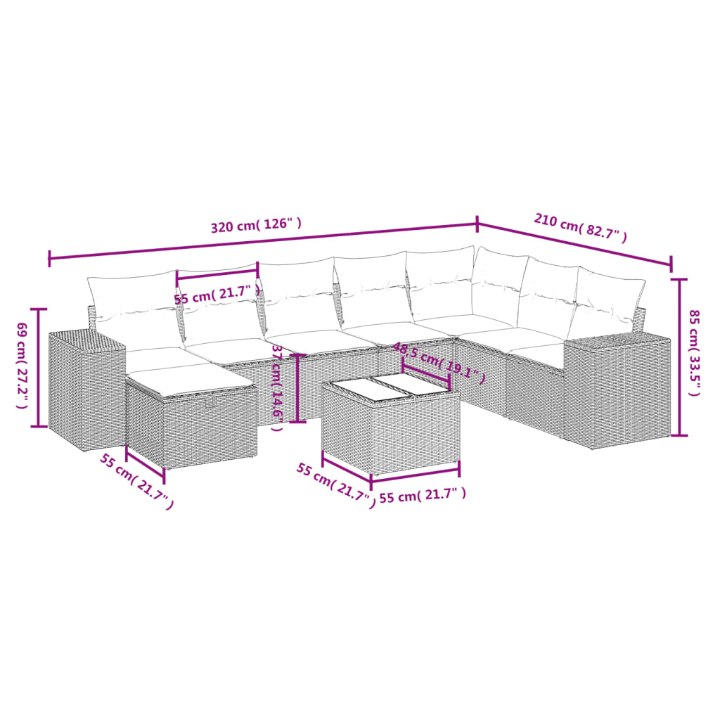 9-Delige Loungeset Met Kussens Poly Rattan Grijs