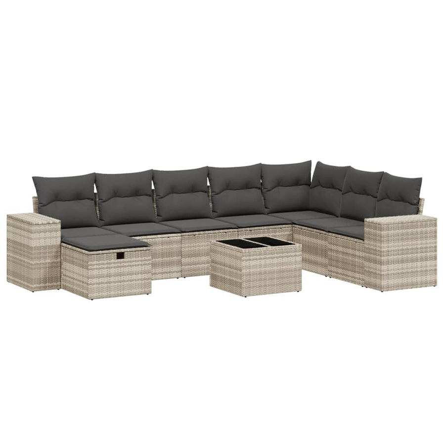 9-delige Loungeset met kussens poly rattan lichtgrijs