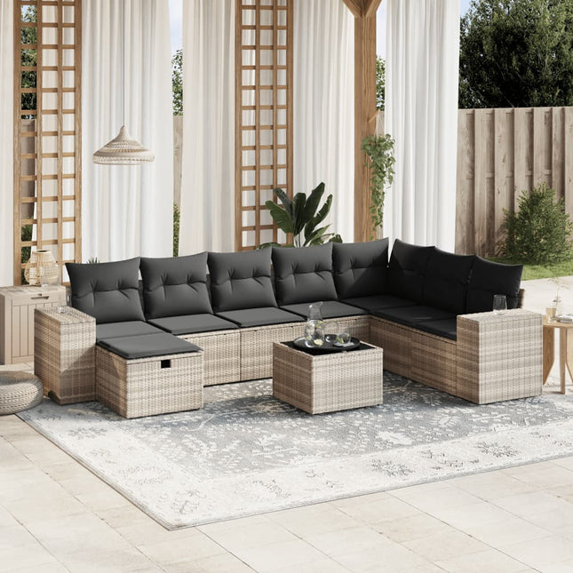 9-delige Loungeset met kussens poly rattan lichtgrijs