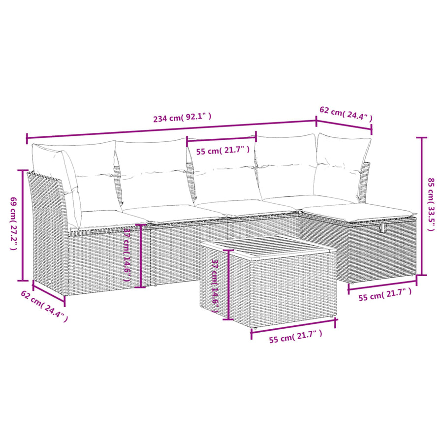 6-Delige Loungeset Met Kussens Poly Rattan Grijs