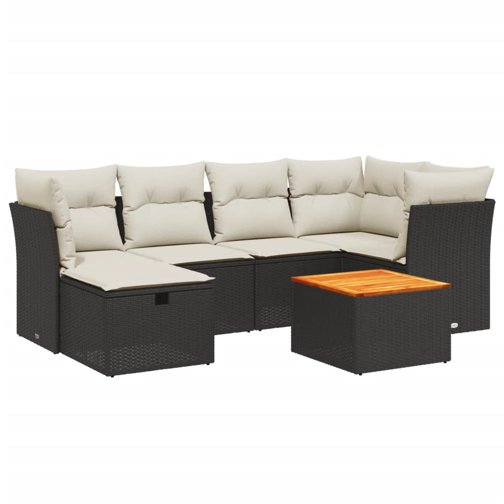 7-delige Loungeset met kussens poly rattan zwart
