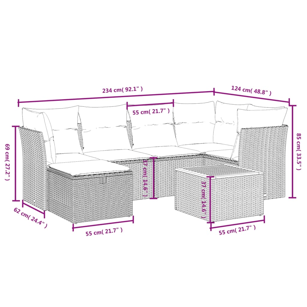 7-delige Loungeset met kussens poly rattan zwart