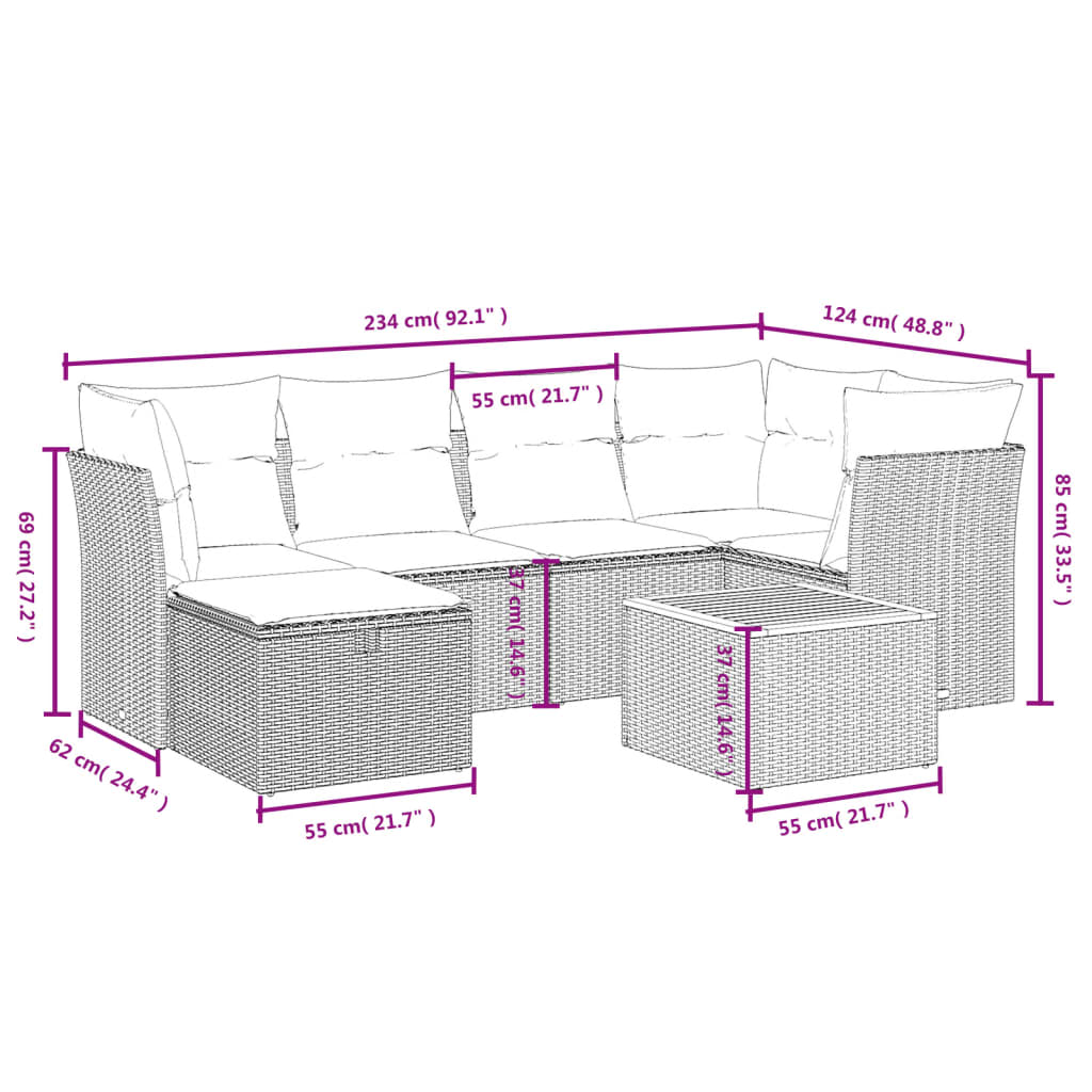 7-delige Loungeset met kussens poly rattan beige