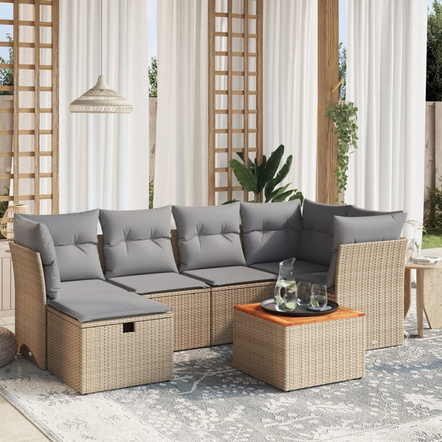 7-Delige Loungeset Met Kussens Poly Rattan Gemengd Beige