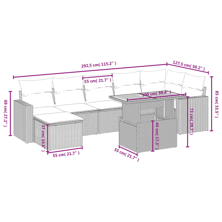 8-delige tuinbankset met kussens, grijs polyrotan