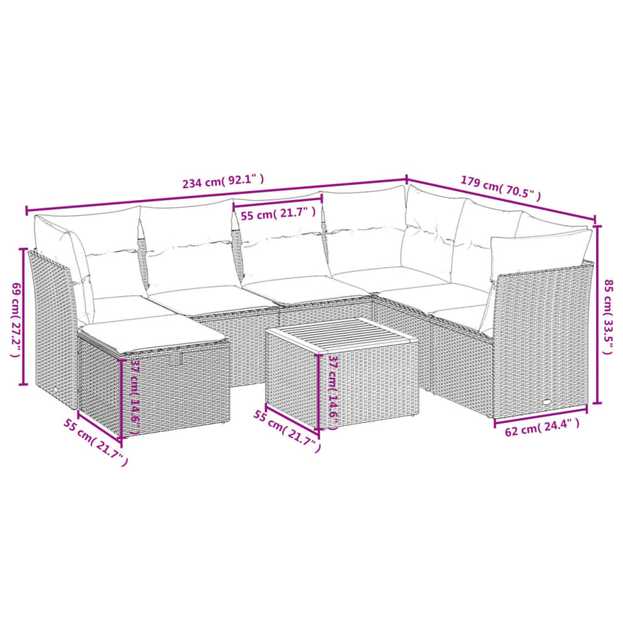 8-Delige Loungeset Met Kussens Poly Rattan Grijs