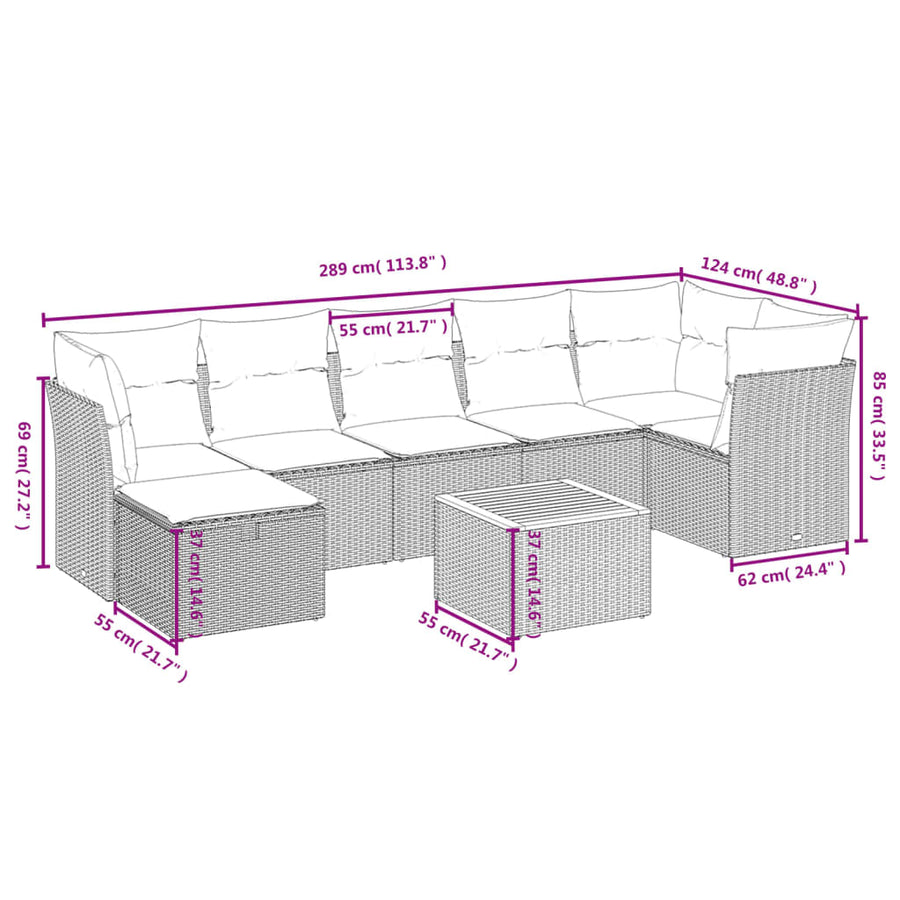 9-delige Loungeset met kussens poly rattan zwart