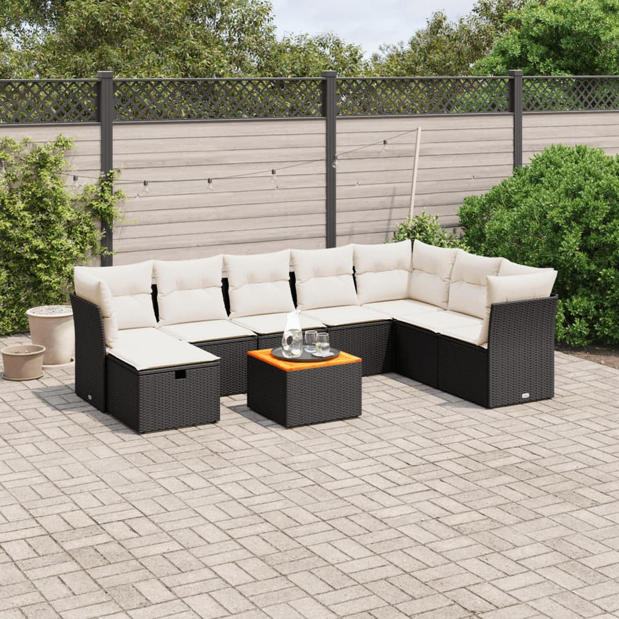 9-delige Loungeset met kussens poly rattan zwart
