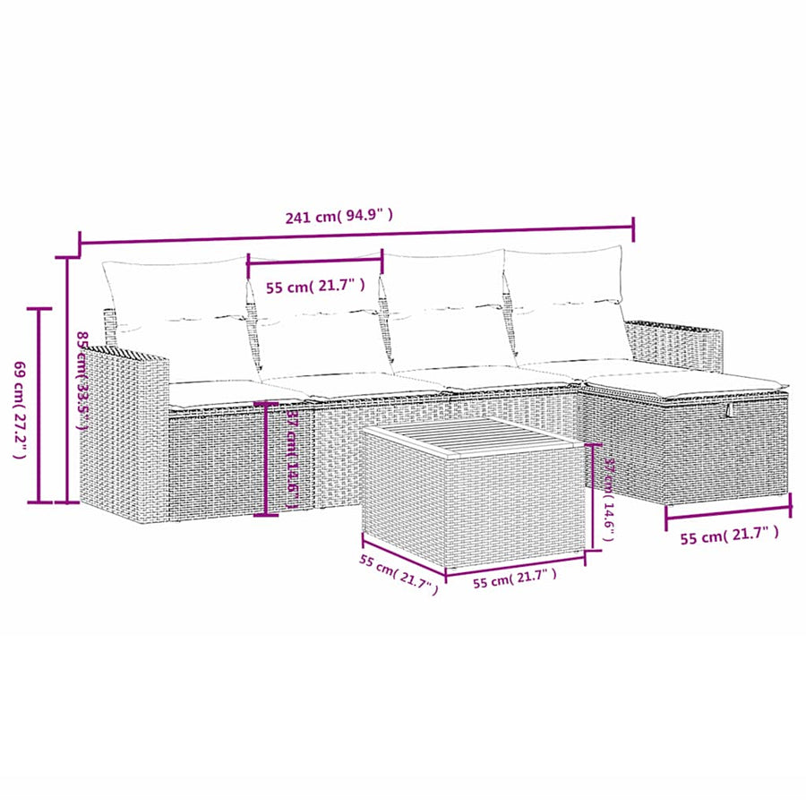 6-delige tuinbankset met kussens, grijs polyrotan