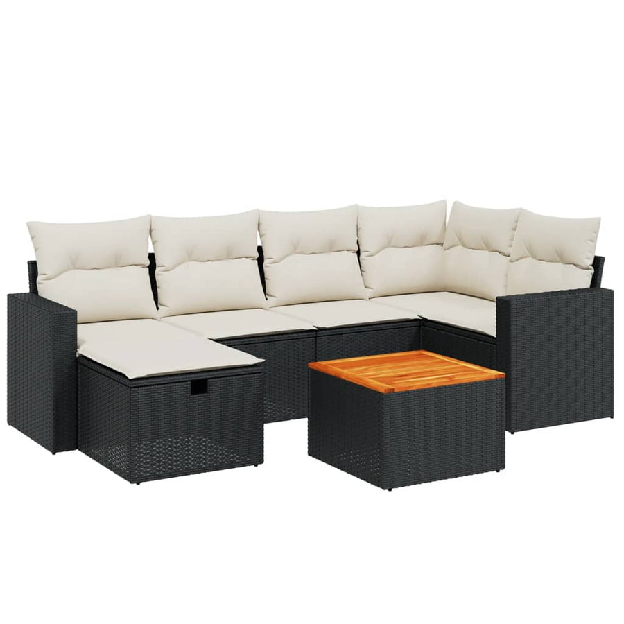 7-delige Loungeset met kussens poly rattan zwart