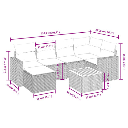 7-delige Loungeset met kussens poly rattan zwart