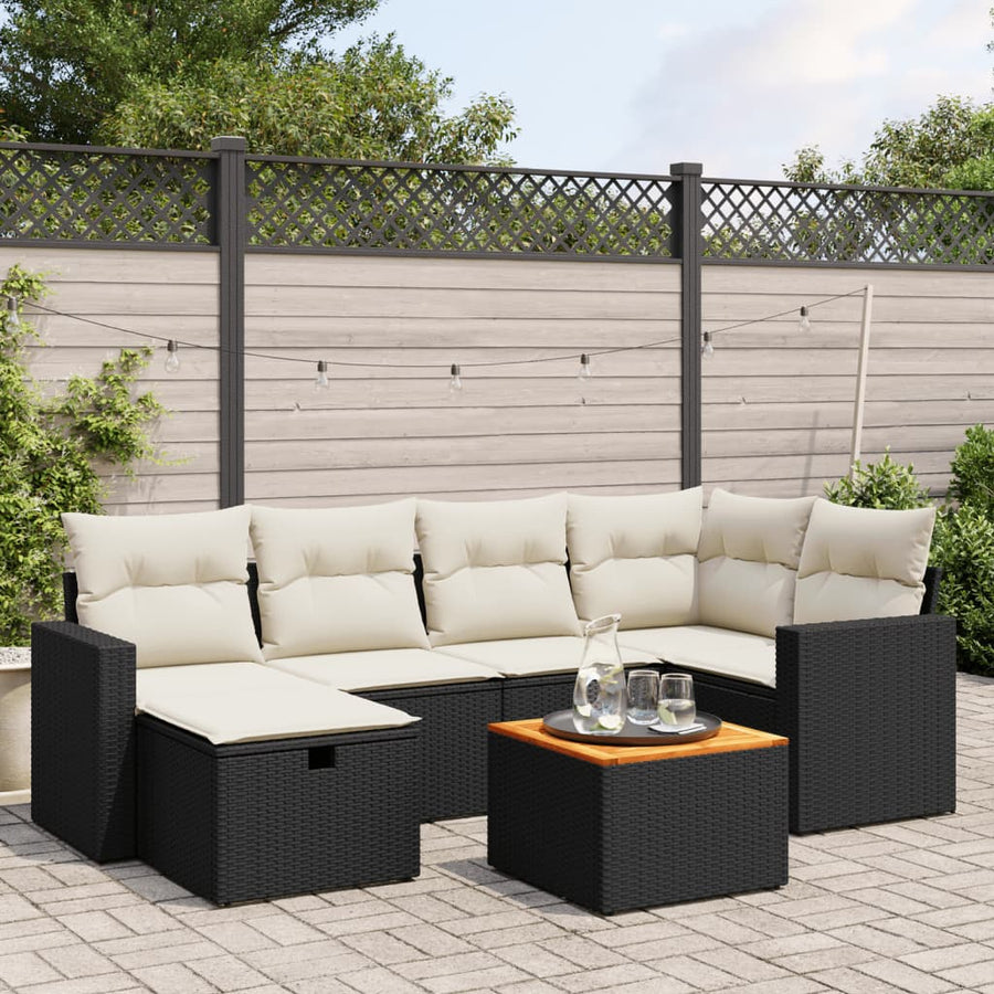 7-delige Loungeset met kussens poly rattan zwart