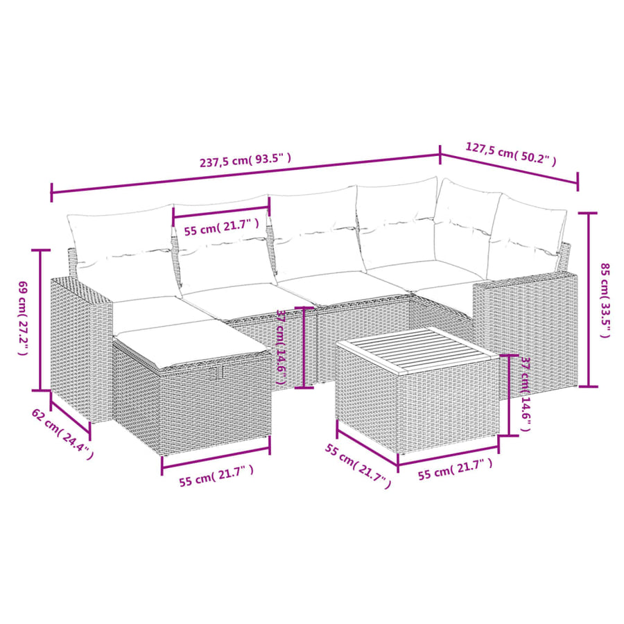 7-delige Loungeset met kussens poly rattan beige