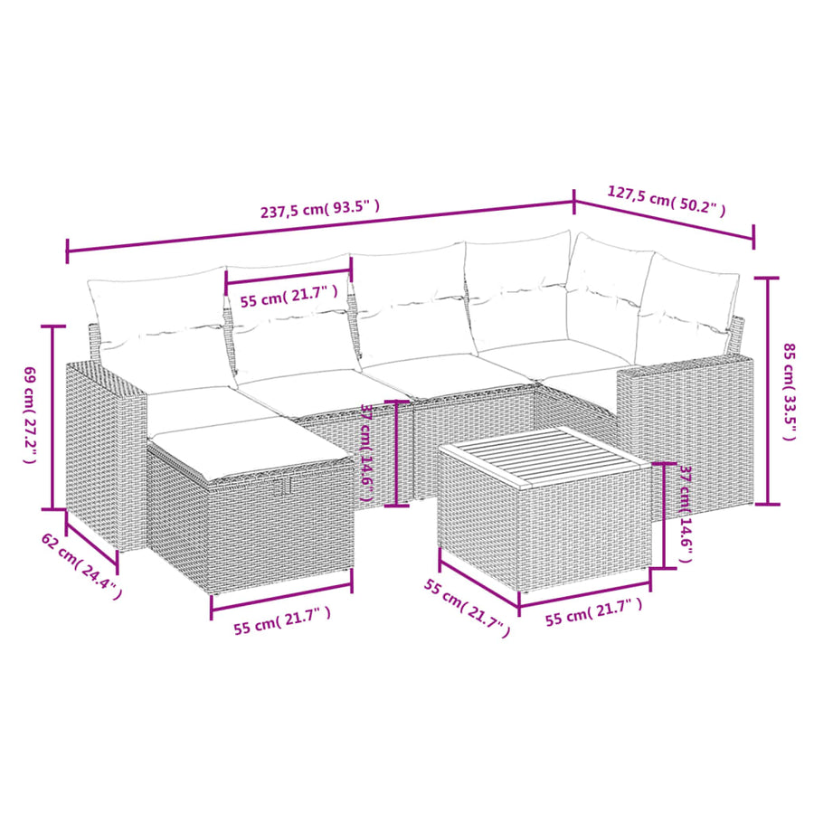 7-Delige Loungeset Met Kussens Poly Rattan Gemengd Beige