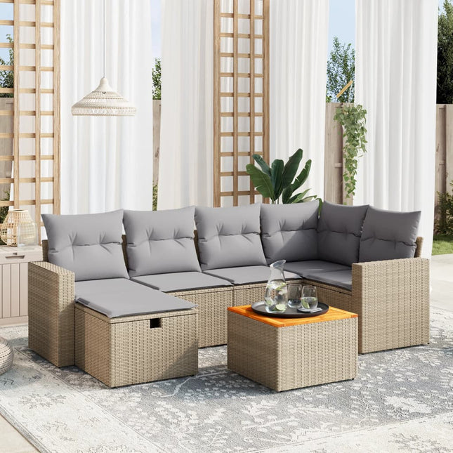 7-Delige Loungeset Met Kussens Poly Rattan Gemengd Beige