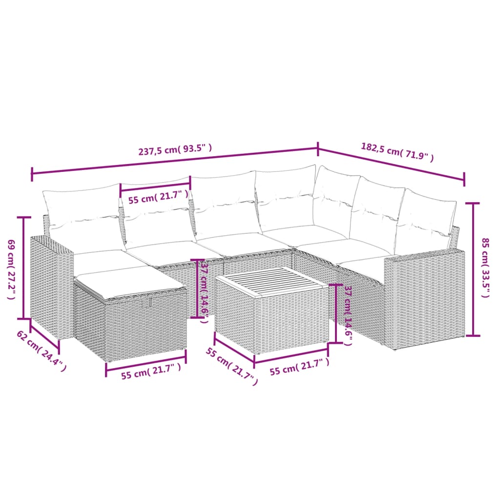 8-Delige Loungeset Met Kussens Poly Rattan Grijs