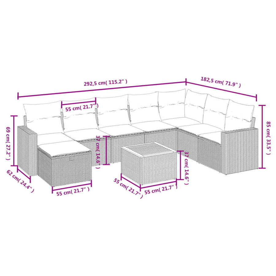 9-Delige Loungeset Met Kussens Poly Rattan Zwart