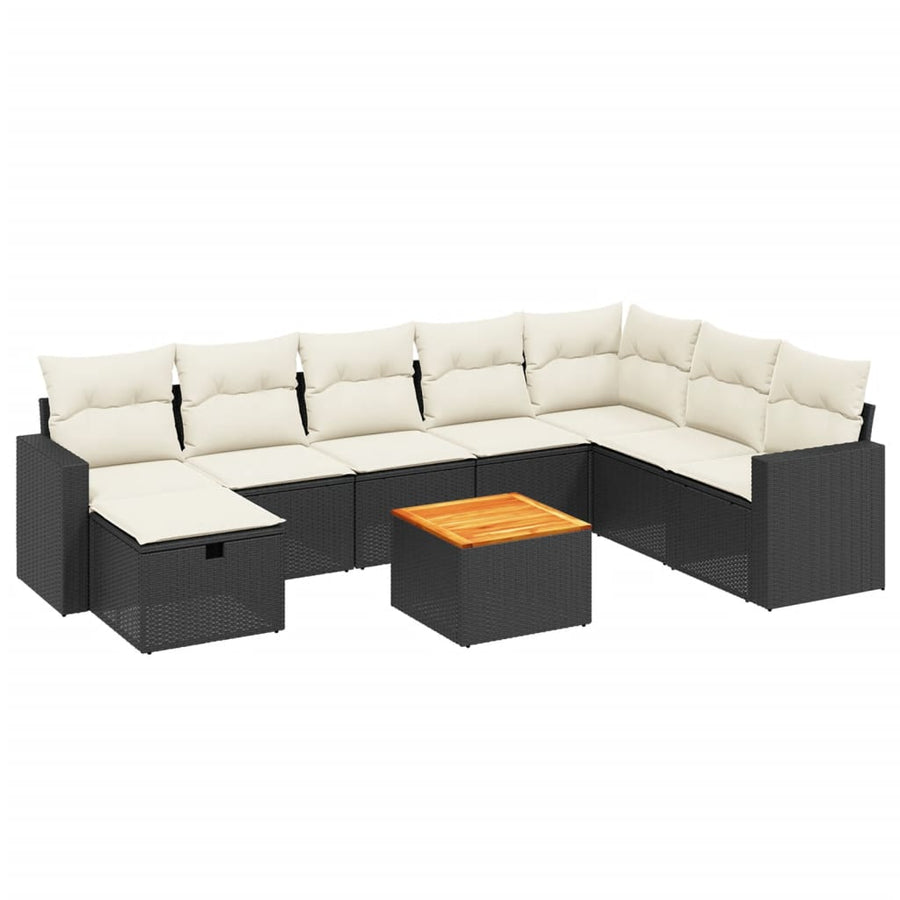9-delige Loungeset met kussens poly rattan zwart