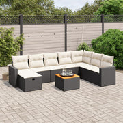 Loungeset 9-delig poly rattan zwart acaciahout tafelblad