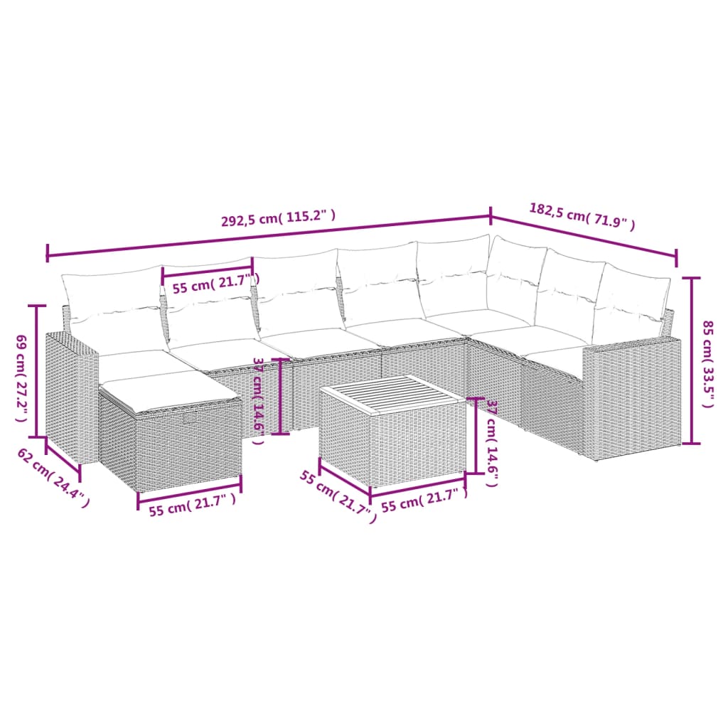 9-Delige Loungeset Met Kussens Poly Rattan Beige