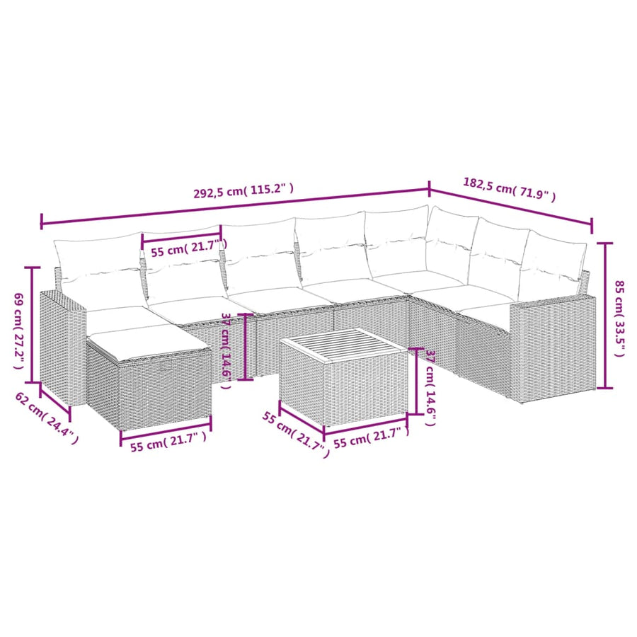 9-Delige Loungeset Met Kussens Poly Rattan Beige