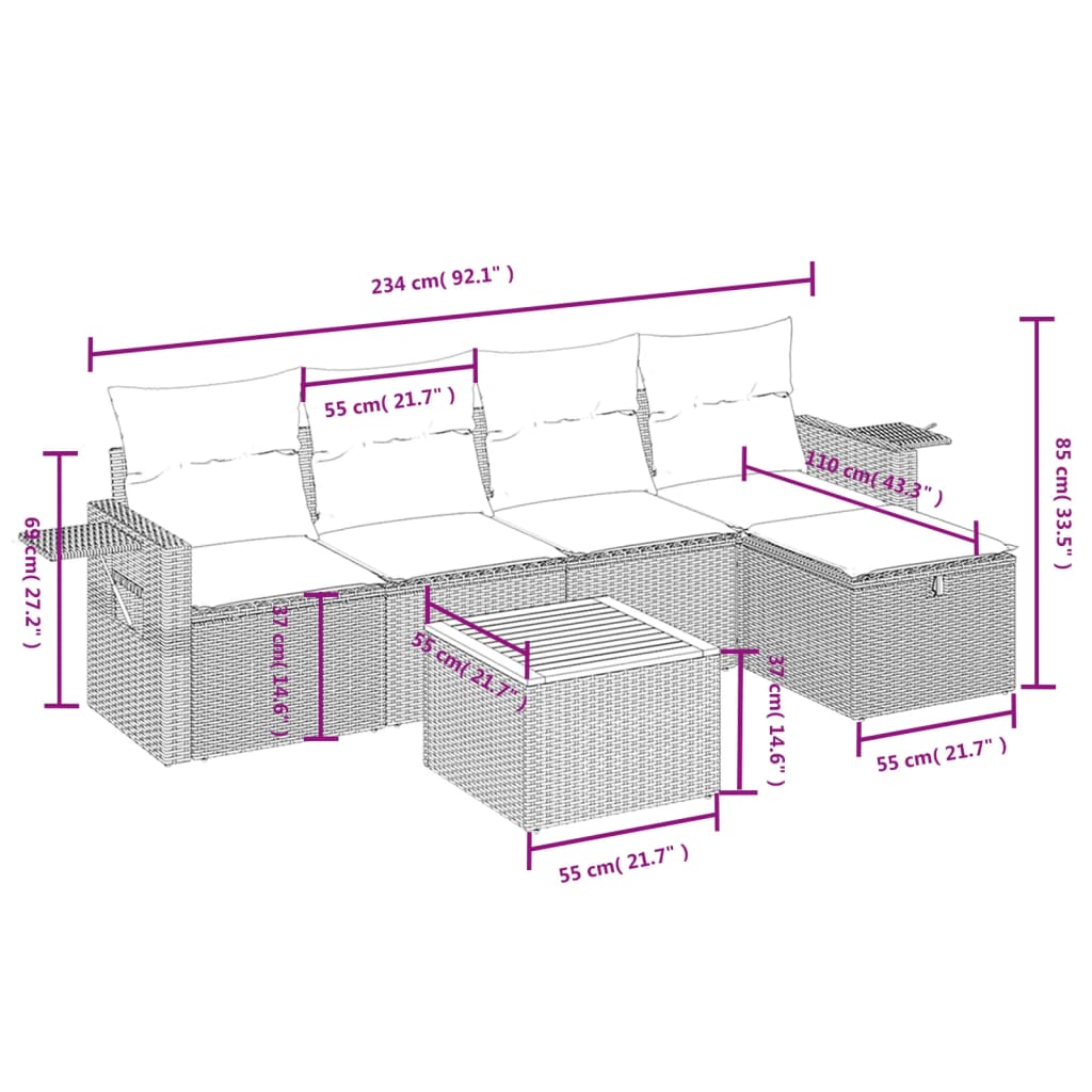 6-Delige Loungeset Met Kussens Poly Rattan Grijs