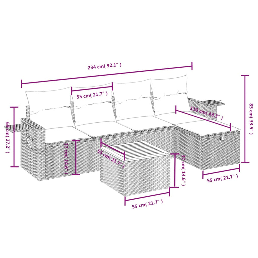 6-Delige Loungeset Met Kussens Poly Rattan Grijs