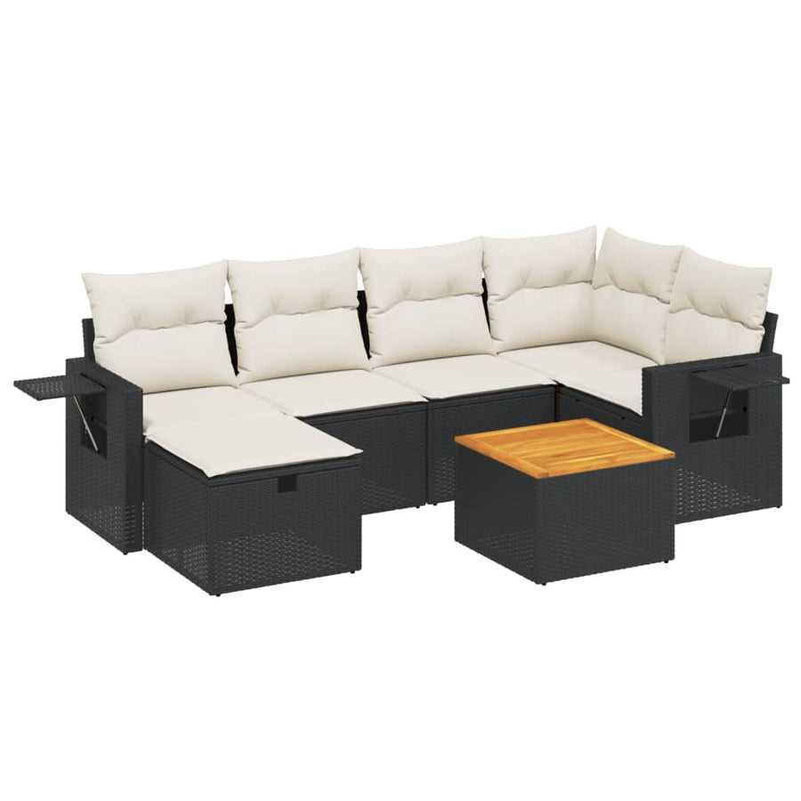 7-delige Loungeset met kussens poly rattan zwart