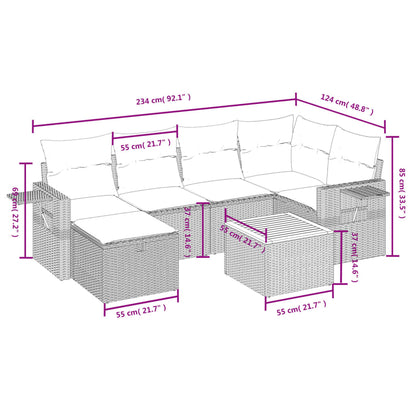 7-delige Loungeset met kussens poly rattan zwart