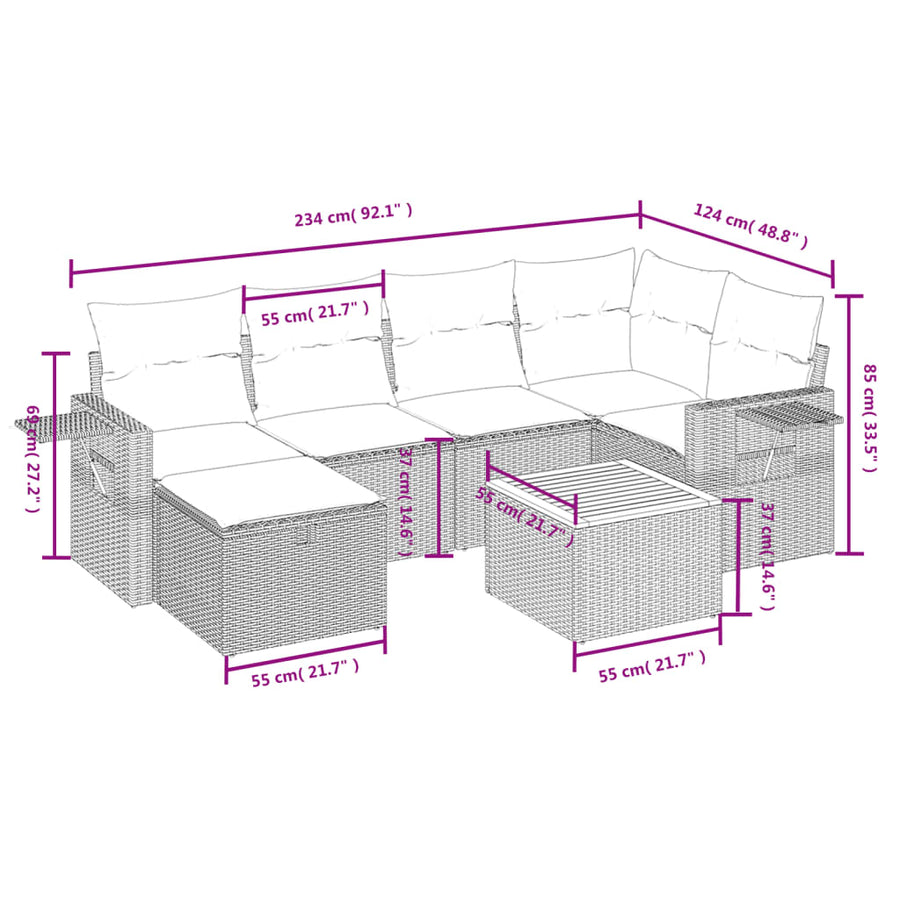 7-Delige Loungeset Met Kussens Poly Rattan Gemengd Beige