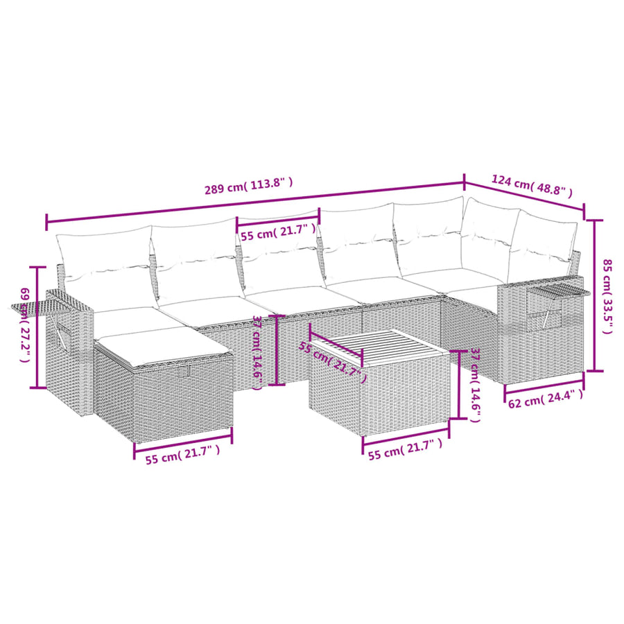 8-Delige Loungeset Met Kussens Poly Rattan Grijs