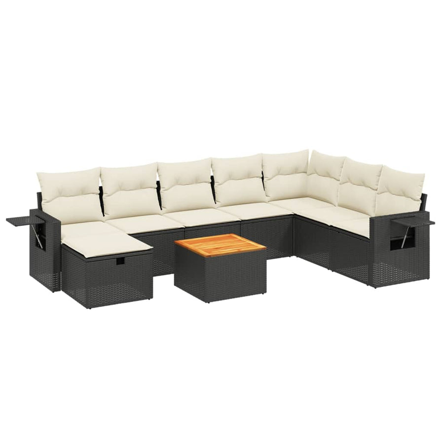 9-delige Loungeset met kussens poly rattan zwart