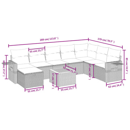 9-delige Loungeset met kussens poly rattan zwart