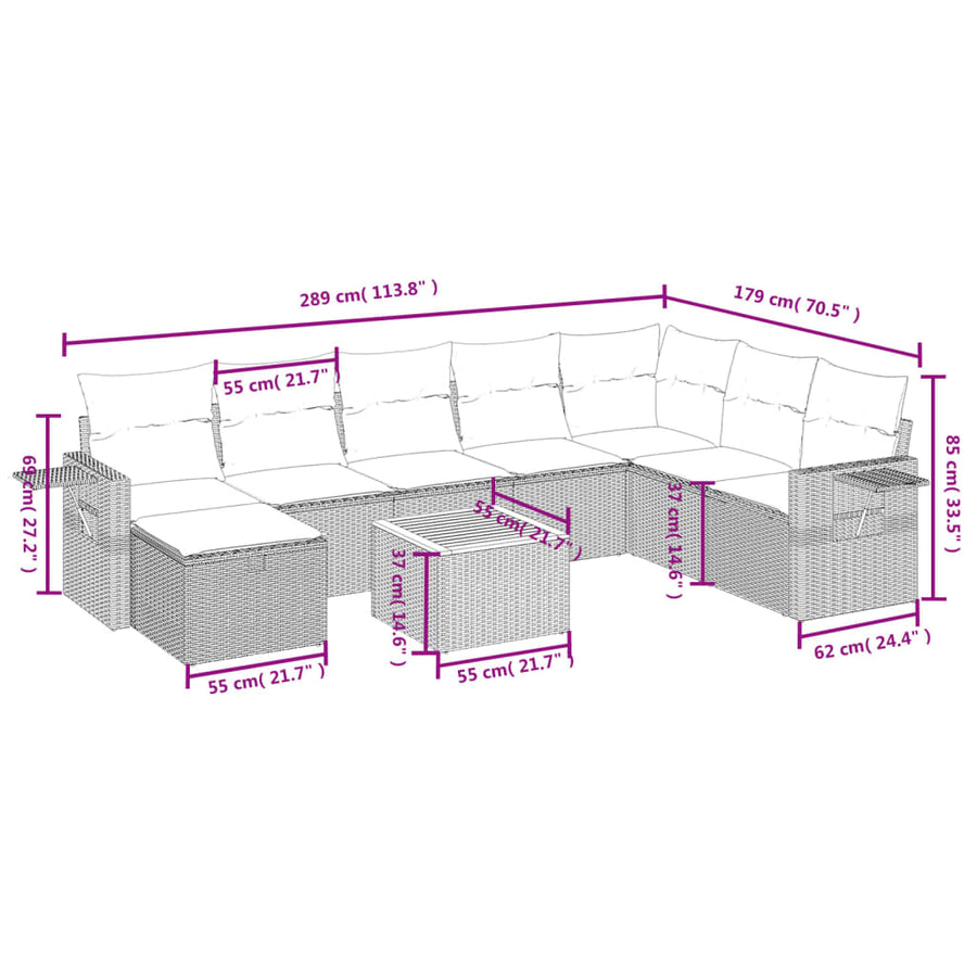 9-delige Loungeset met kussens poly rattan zwart