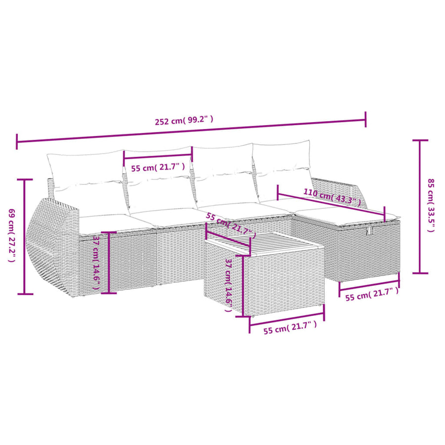 6-Delige Loungeset Met Kussens Poly Rattan Grijs