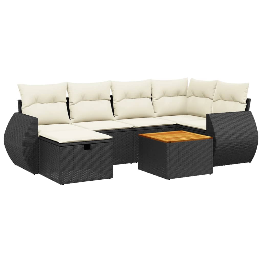 7-delige Loungeset met kussens poly rattan zwart