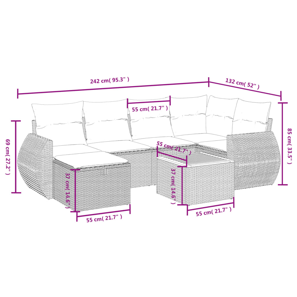 7-delige Loungeset met kussens poly rattan zwart