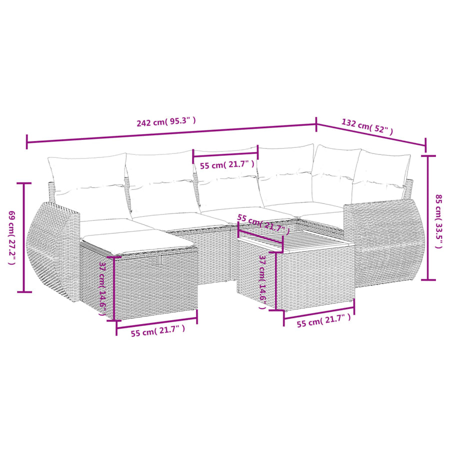 7-delige Loungeset met kussens poly rattan zwart