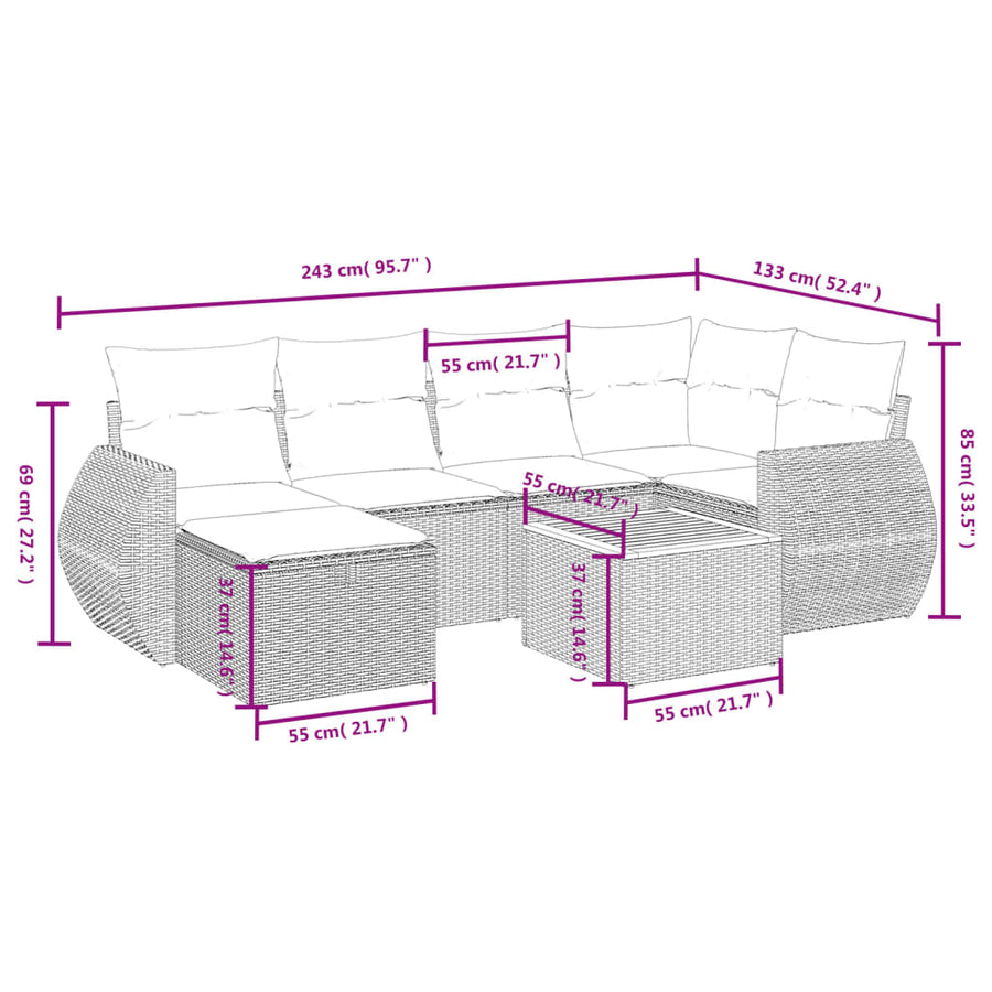 7-Delige Loungeset Met Kussens Poly Rattan Gemengd Beige