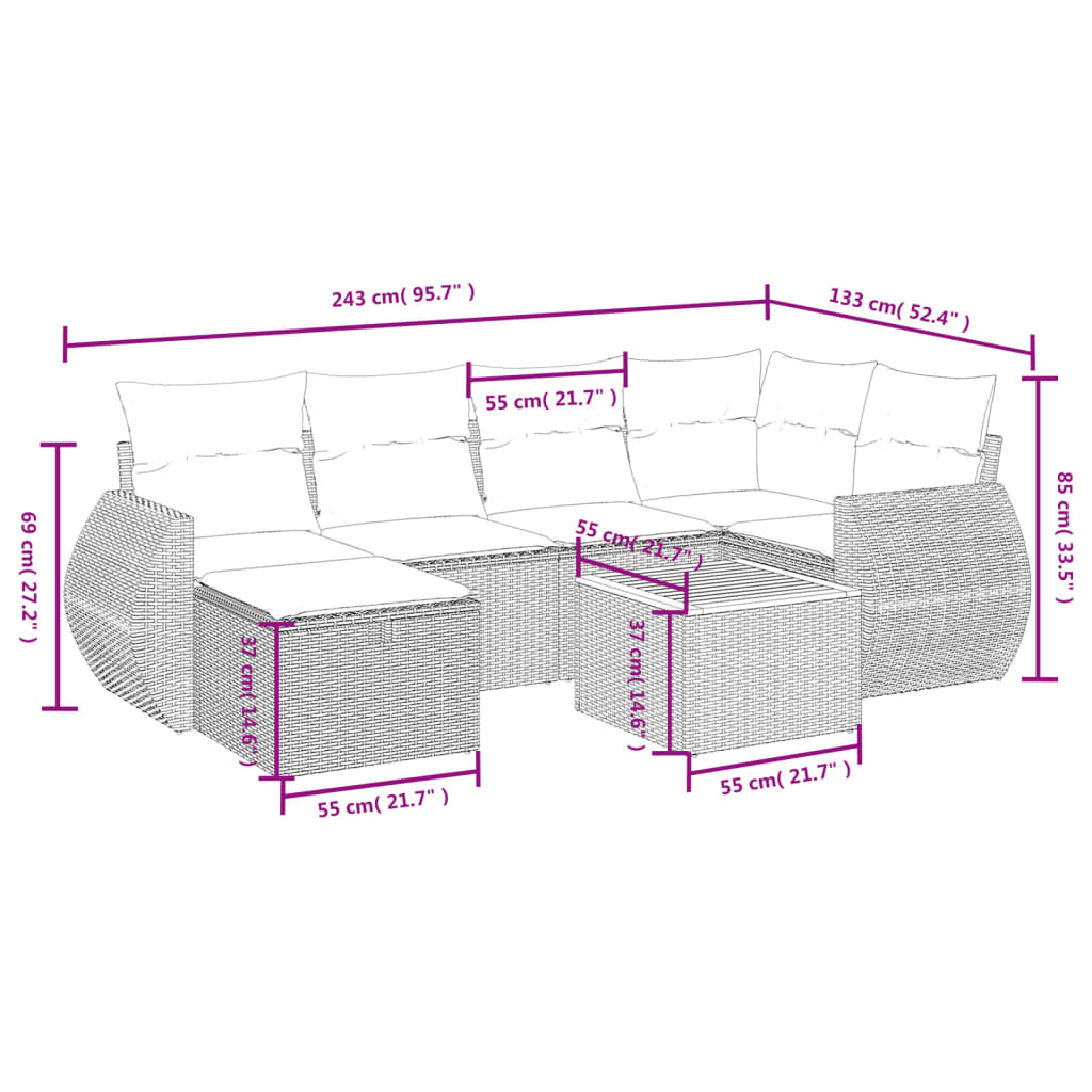 7-Delige Loungeset Met Kussens Poly Rattan Grijs
