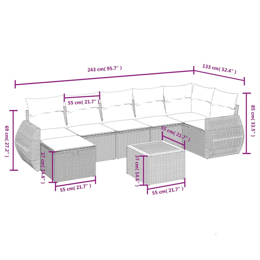 8-Delige Loungeset Met Kussens Poly Rattan Grijs