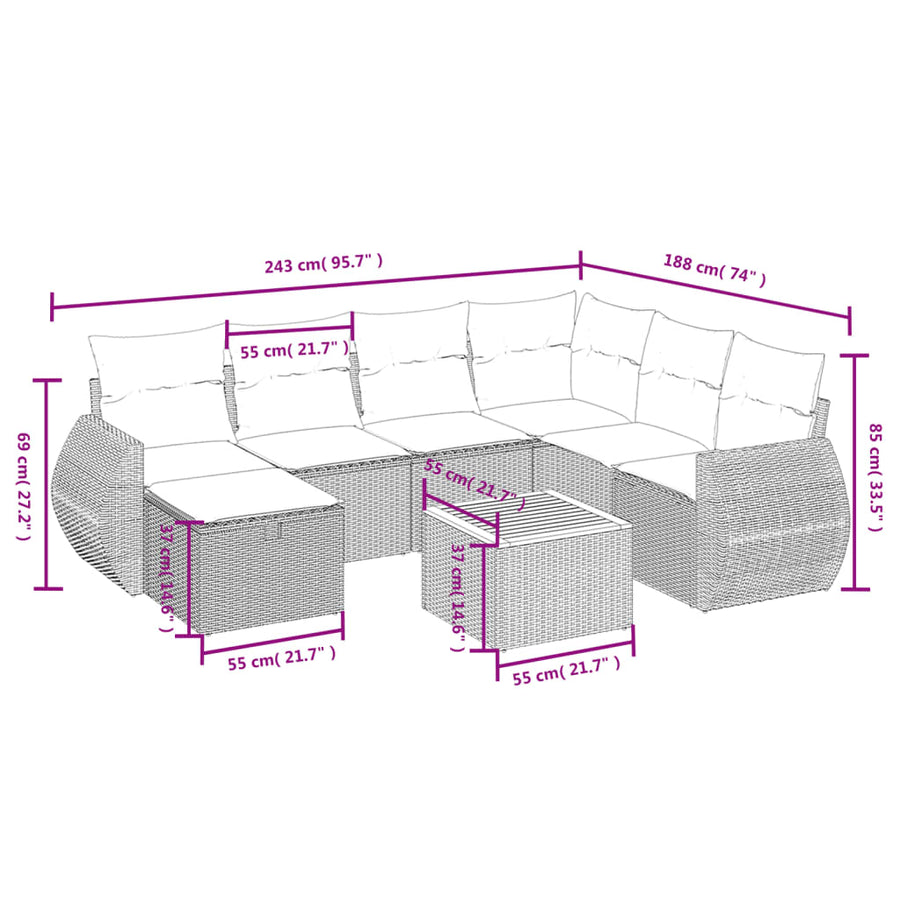 8-Delige Loungeset Met Kussens Poly Rattan Zwart
