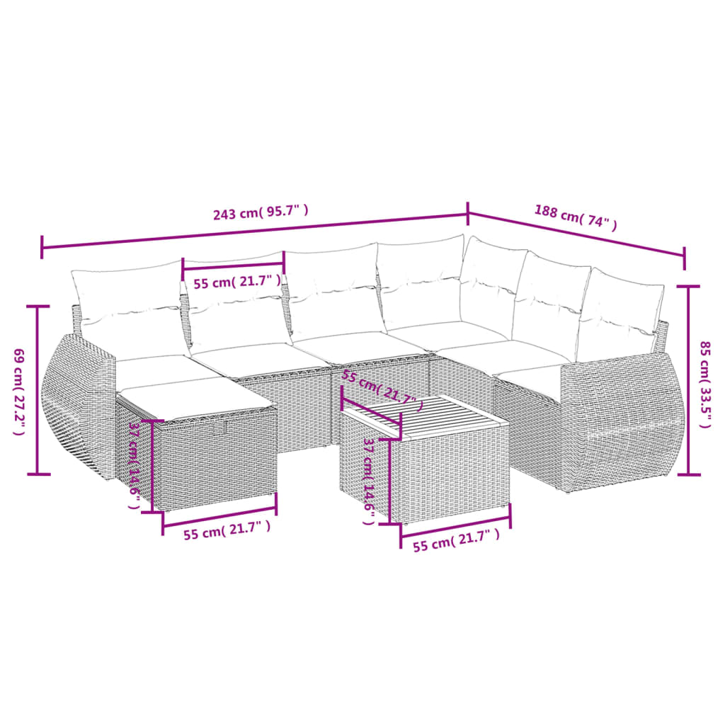 8-Delige Loungeset Met Kussens Poly Rattan Grijs