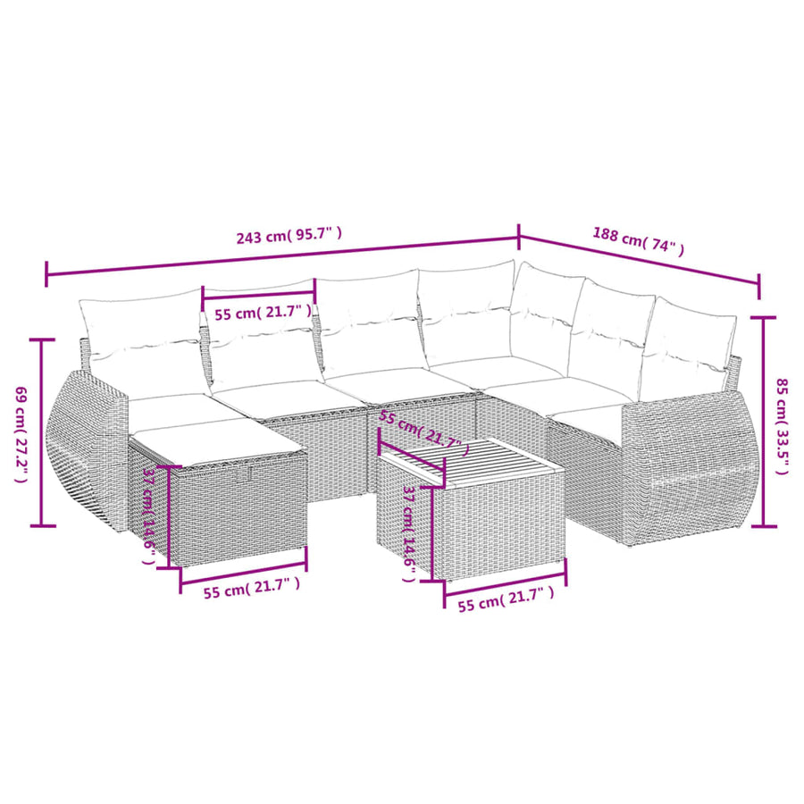 8-Delige Loungeset Met Kussens Poly Rattan Grijs